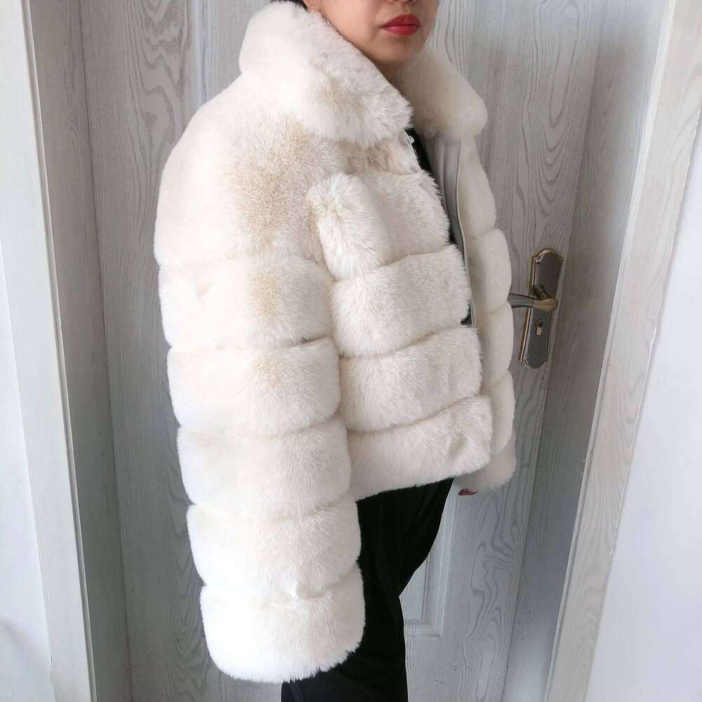 LHXDW Women's faux fur coat With collar luxury winter coat with lapel furry Fake fox fur jacket thick synthetic Ladies fur