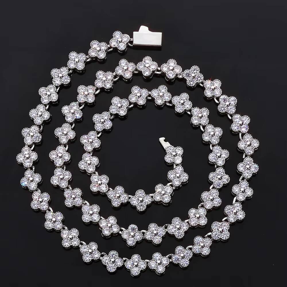 NUOYA Women Diamond Chain Gold Plated Four Leaf Clover Plum Blossom Chain Shiny Hip Hop Jewelry Zircon Link Necklace