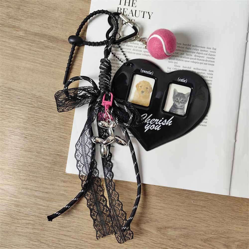 INS Black Heart Card Holder Silver Balloon Dog Keychain Lace Braided Rope Girl Bag Pendant