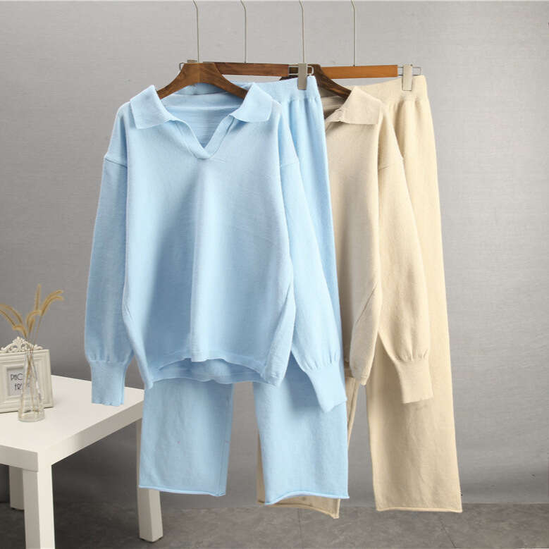 Autumn Winter Solid Color Lapel Women's Loose Knitted Polo Collar Sweater Wide Leg Pants Two Piece Set B5