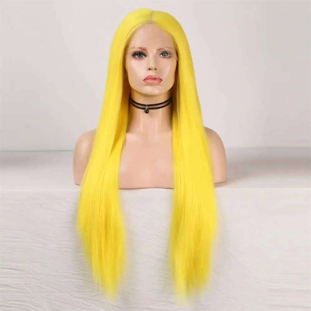 Wig Synthetic Front For Women Long Silky Straight Lace Human Hair Middle Lemon Yellow Wigs Cosplay Part