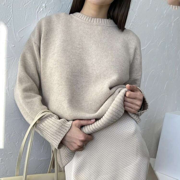 Autumn Winter New Round Neck Sweater For Women, Khaki Versatile Loose Knitted Top B5 h6