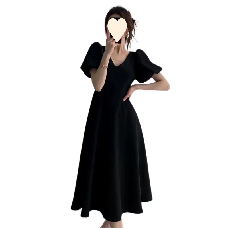T21752 French V-neck Hepburn style wine red puff sleeve slimming belly-covering long skirt