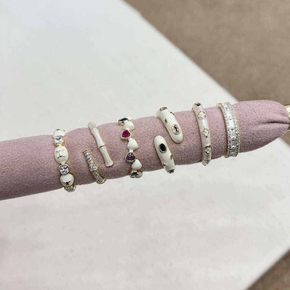 Milky White Tone Arc de Triomphe Bamboo Section Inlaid Zirconium Heart-Shaped Snake Head Cake Edge Open Ring Six Options Available b2a