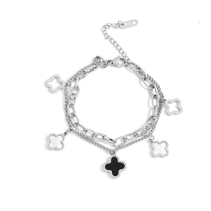 Fashion Double Layer Four-Leaf Titanium Steel Bracelet Light Internet Celebrity Hand Jewelry Versatile Lucky Clover Elegant Minimalist Style Non-Fadin