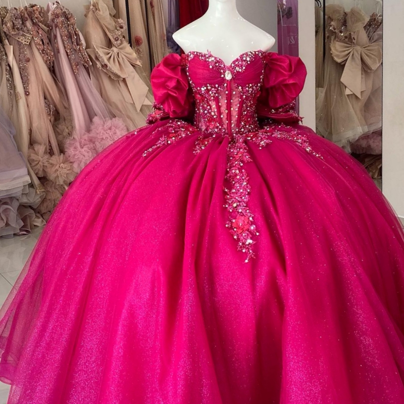 Rose Red Shiny Quinceanera Dresses Off The Shoulder Appliques Lace Beading Crystal Bow Tull Ball Gown Sweet 16 Dress Vestidos De 15 Anos