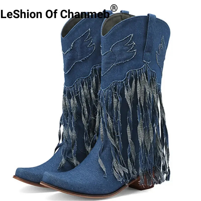 LeShion Of Chanmeb Big Size 45 Women Blue Denim Jean Cowboy Boots Mid-calf Tassel Block Heels Western Boot Cowgirl Fringed Shoes 250729