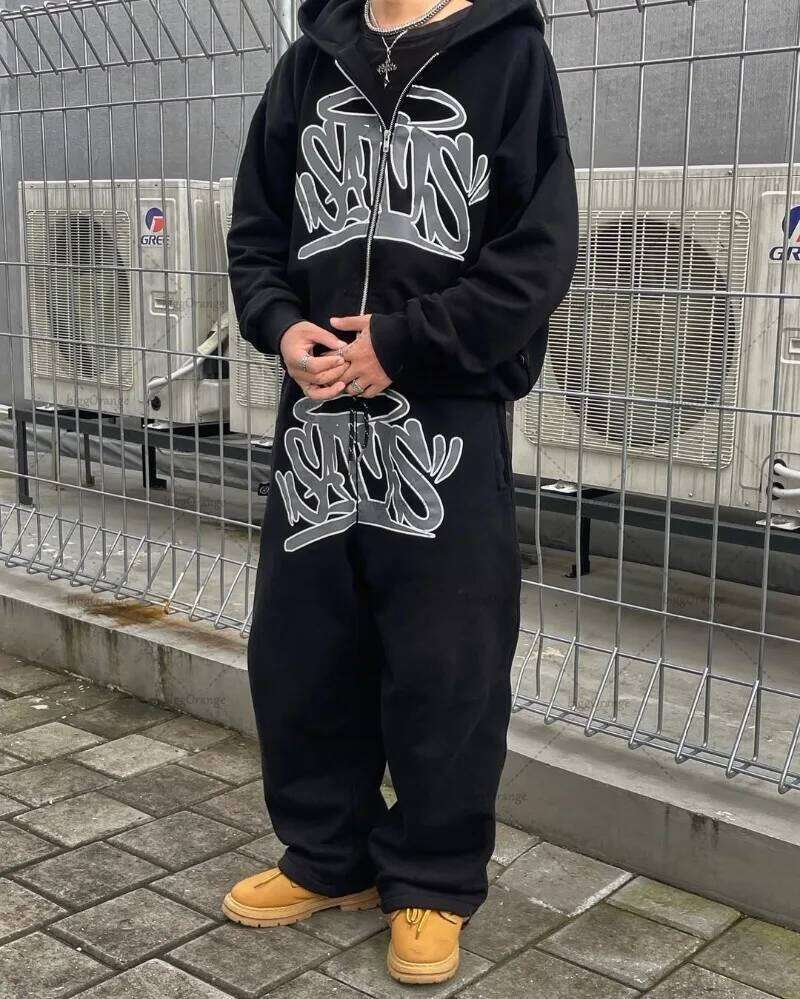 Y2k American Haruku Set Streetwear Men Clothing Retro Zipper Hoodie Hip Hop Trendy Printed Casual Couple Sportswear Pants