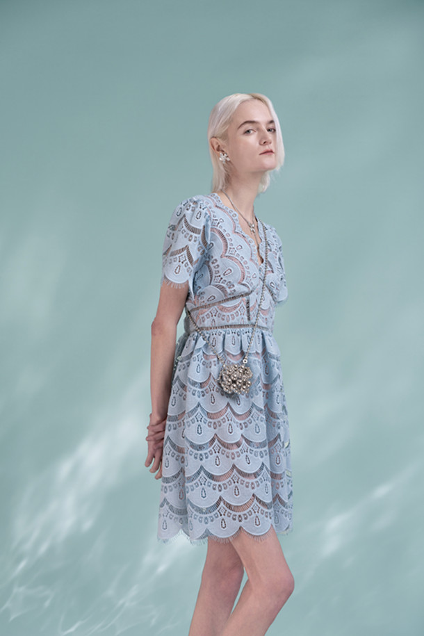 Women's Elegant Blue Lace Mini Skirt High Waist V-neck French Style Blue Water-soluble Lace Dress 6116451