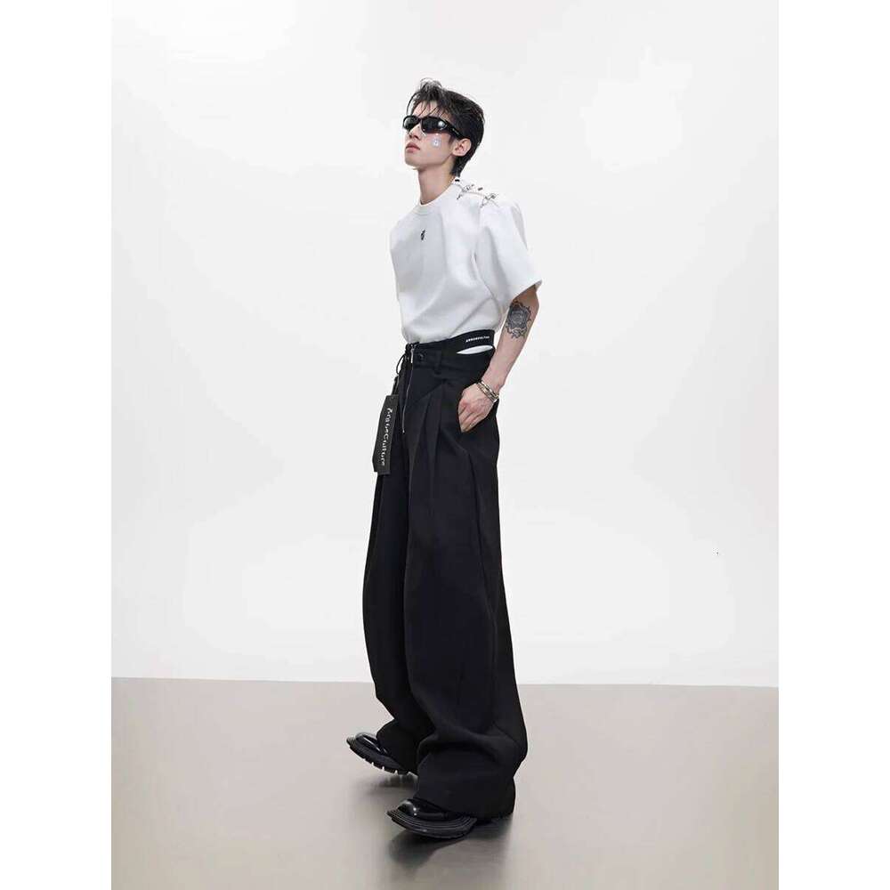 Mauroicardi Spring Autumn Cool Black Baggy Wide Leg Pants for Mens Designer Fake 2 Pieces Clothes Fashion Streetwear 2025