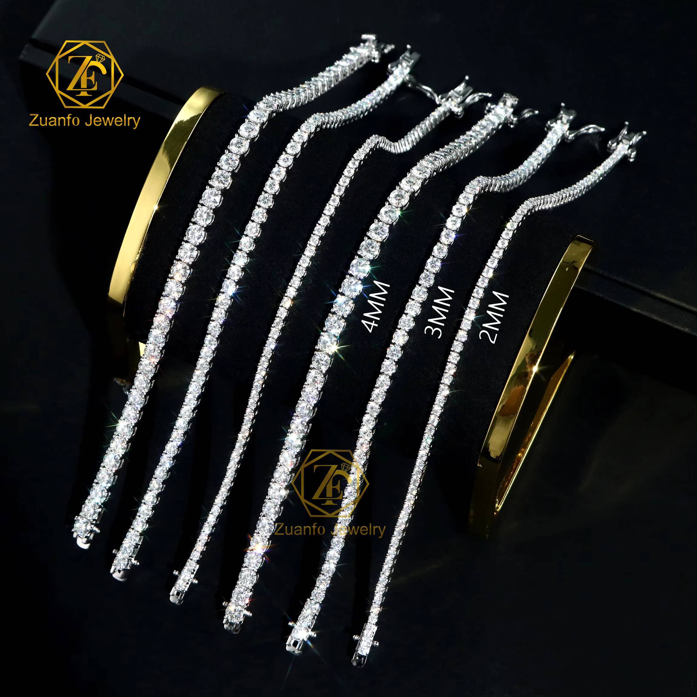 Wholesale Factory Price Moissanite Tennis Chain 2mm 3mm 4mm Moissanite Diamond 925 Sterling Silver Gold Plated Tennis Bracelet