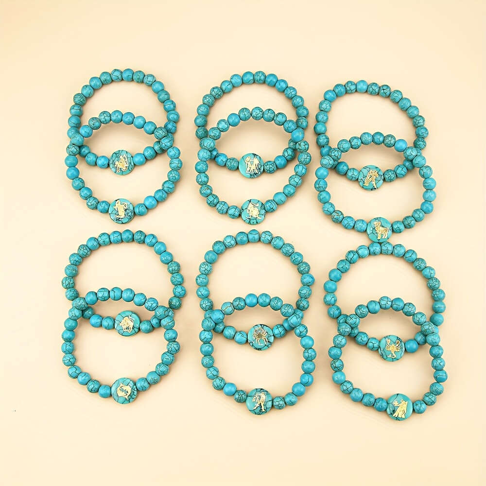 Natural Blue Turquoise Creative 12 Constellation Personality Fashion Round Bead Bracelet Jewelry