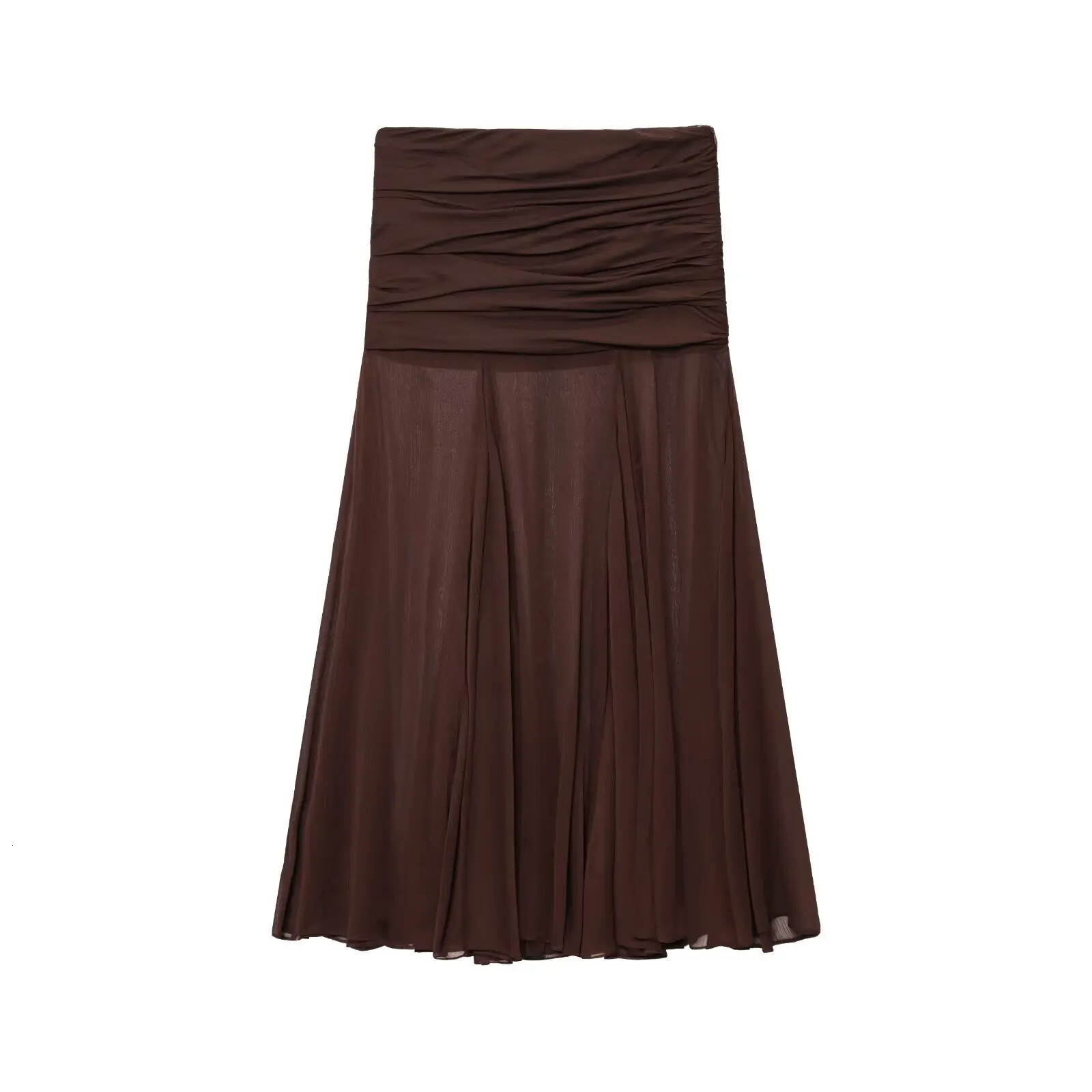 ZBZA Womens Translucent Pleated n Skirt Midlength Side Zipper Solid Color Aline Summer Casual Simple 250730