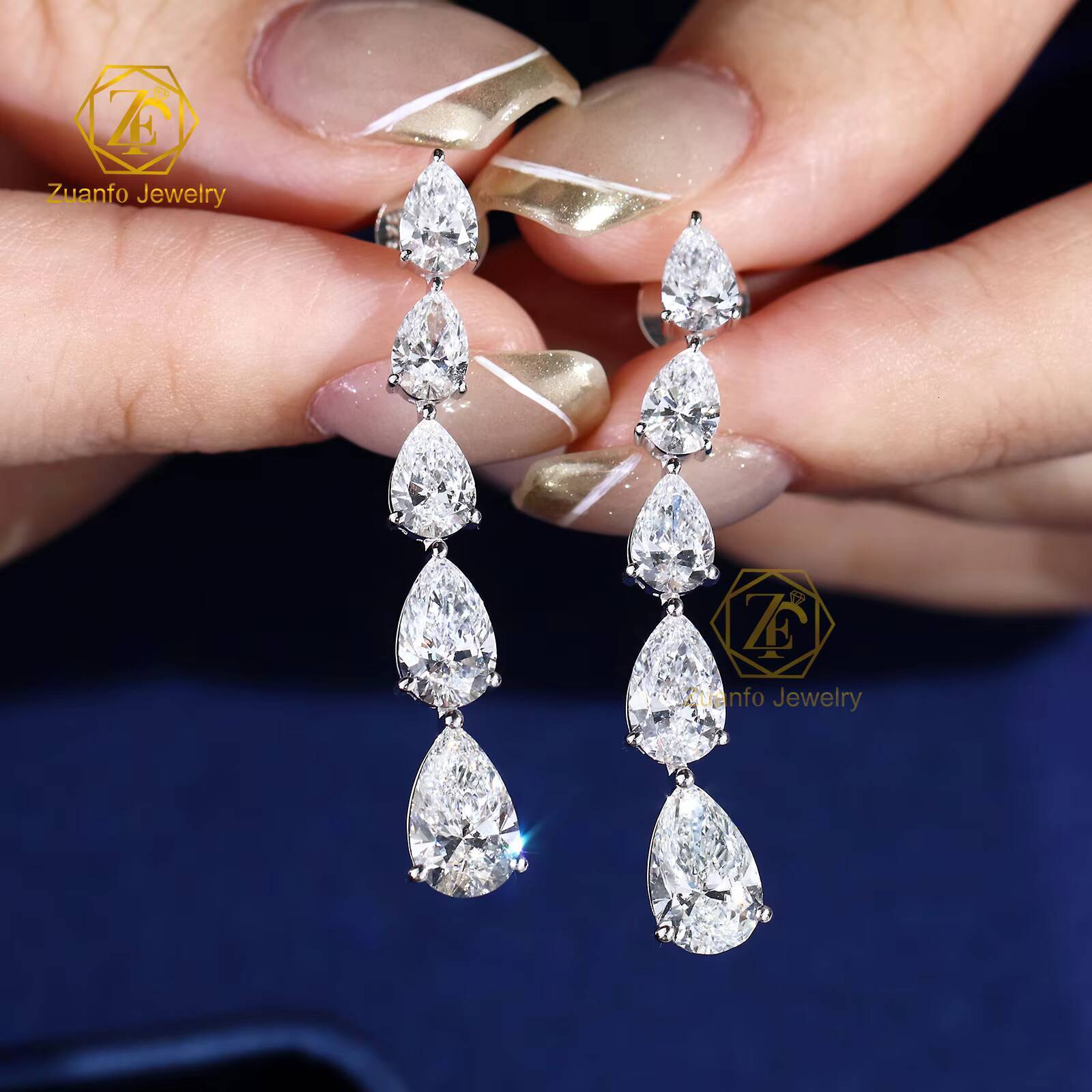 Fine Jewelry 14k White Gold Gradient DEF Color Pear Brilliant Cut LAB Diamond Stud Long Earrings Women Jewelry Gift