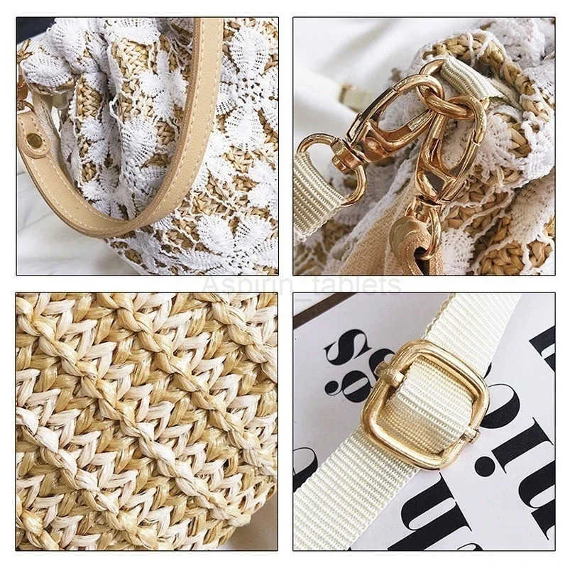 New Straw Plaited Article Women Lace Bucket Bag Casual Holiday Beach Bag Elegant Lace Straw Bag Shoulder Crossbody Bag M250730