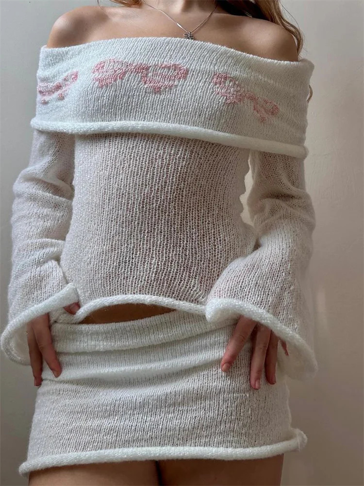 CHRONSTYLE Y2K Women Off Shoulder Sweaters Tops Slash Neck Long Sleeve Slim Fit Casual Knitted Pullover Tops Ruched Jumpers 250723