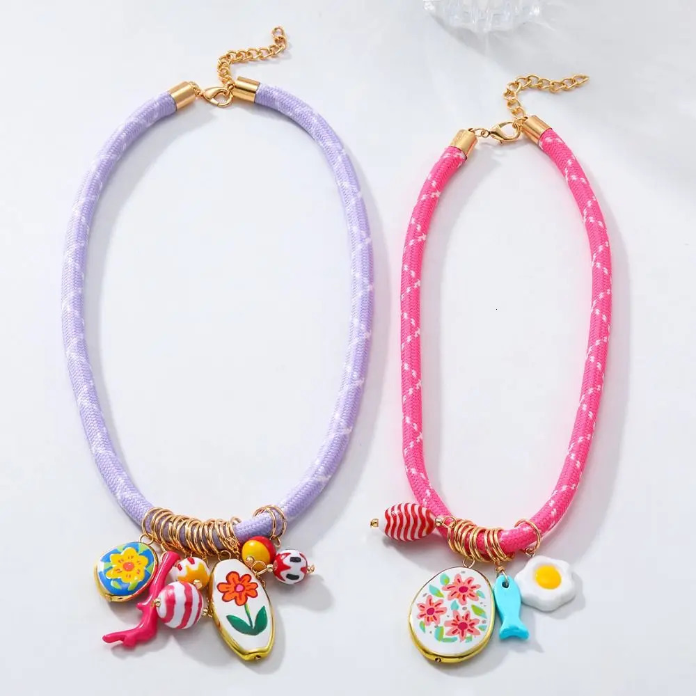 Ethnic Style Resin Flower Pendant Necklace Set Hip Hop Nylon Rope Necklace Cuba Chain Jewelry Accessories 250729