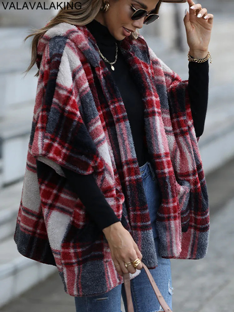 Autumn Winter Plaid Print Women Jacket Thick Plush Hooded Warm Casual Coat Soft Loose Cardigan Lady No buckle Short 250730