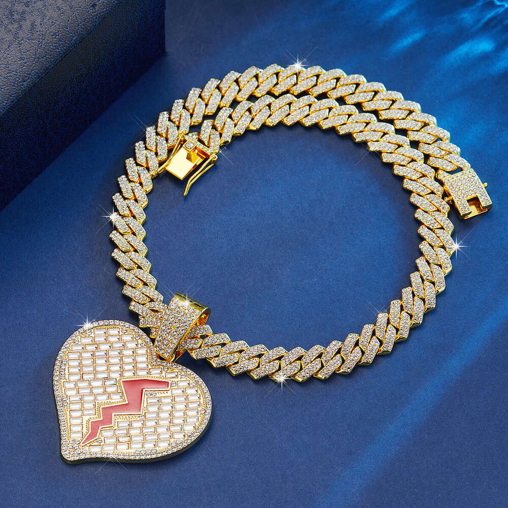 Full Dia Oil Drop Heartbreak Love Heart Pendant Hip Hop Exaggerated Alloy Cuban Chain Creative Trendy Necklace