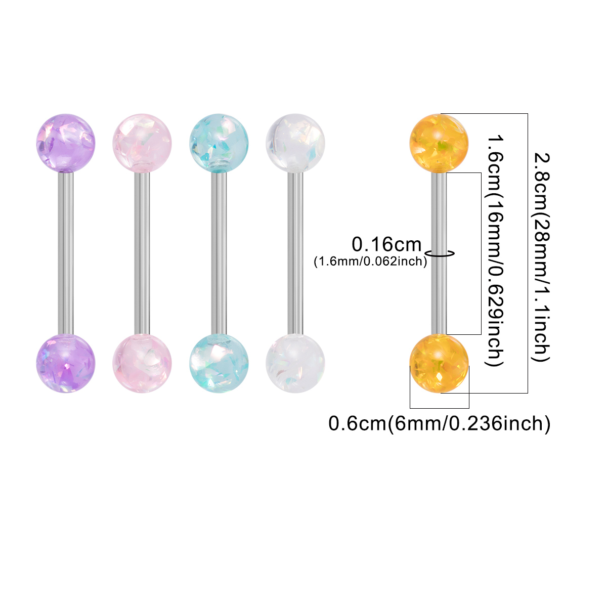 Wholesale of stainless steel acrylic tongue studs, glitter, milk ring studs, body piercing accessories