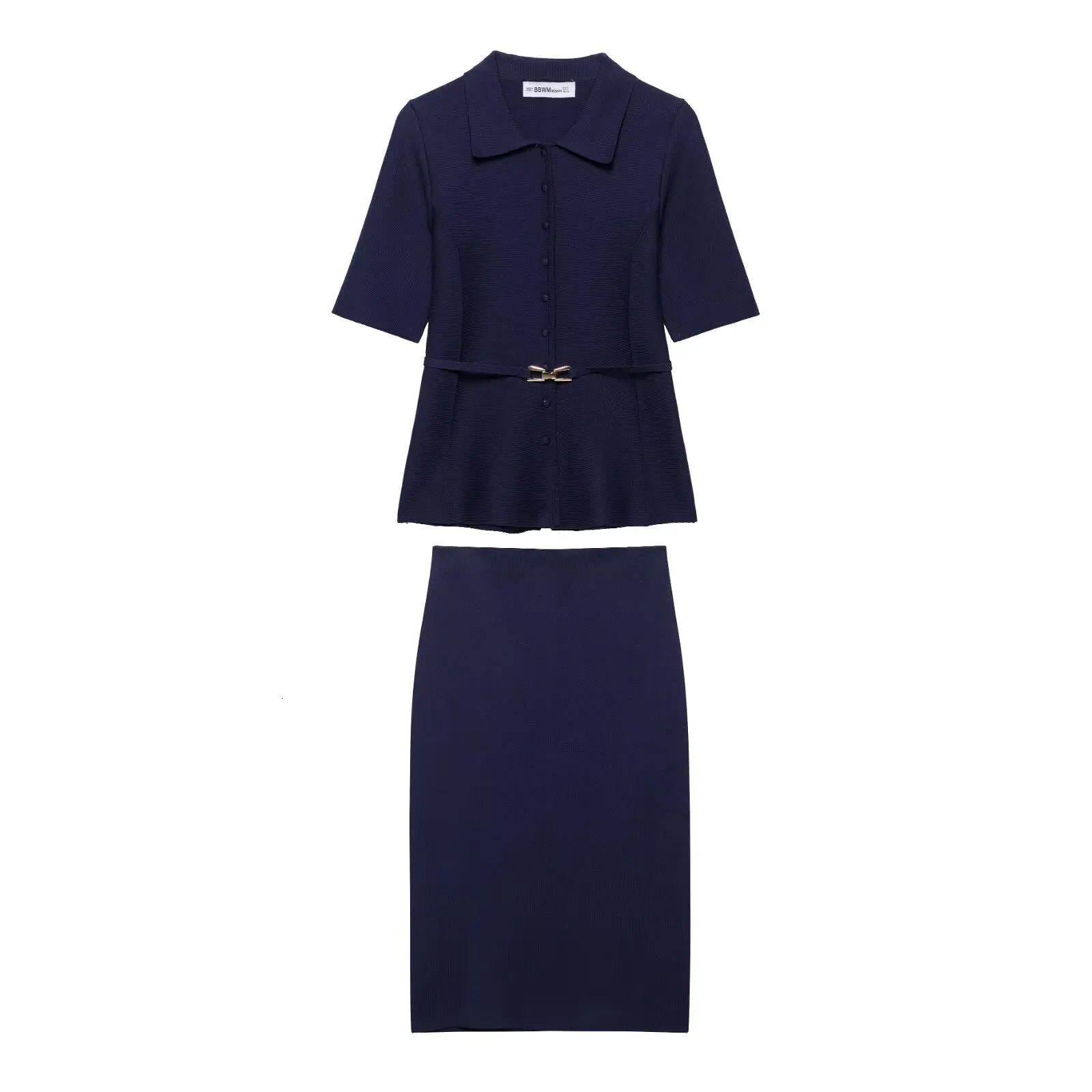 Office lady Two Piece Skirt Set Short Sleeve Cardigan With BeltFlat Needle Coat Half Lady Suit 250730