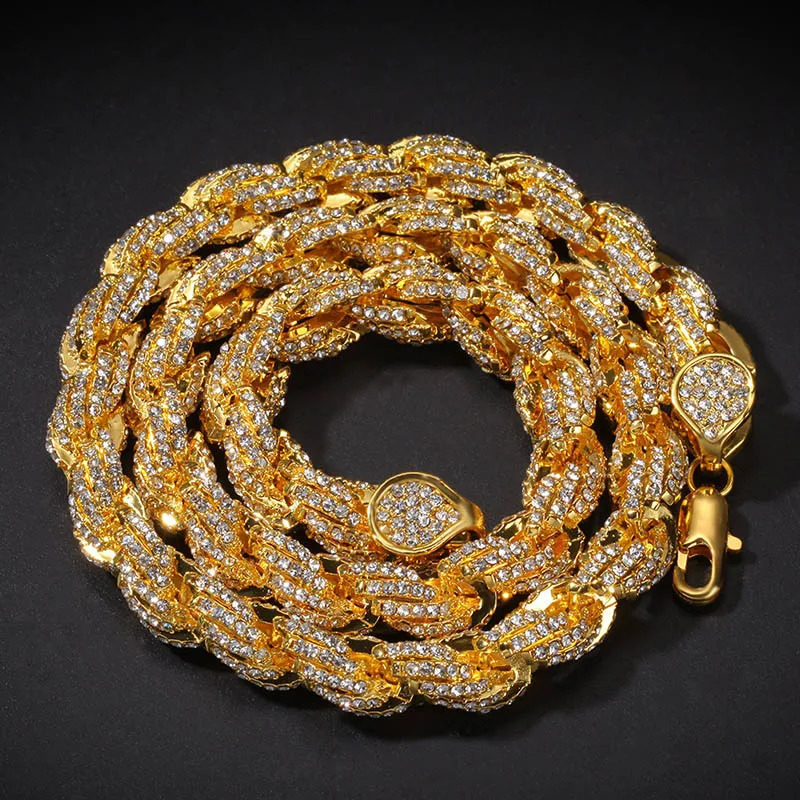 Hip Hop Full Austrian Rhinestone Paved Bling Iced Out Round Rope Link Chain Necklace for Men Rapper Jewelry Rose Gold Color 250729