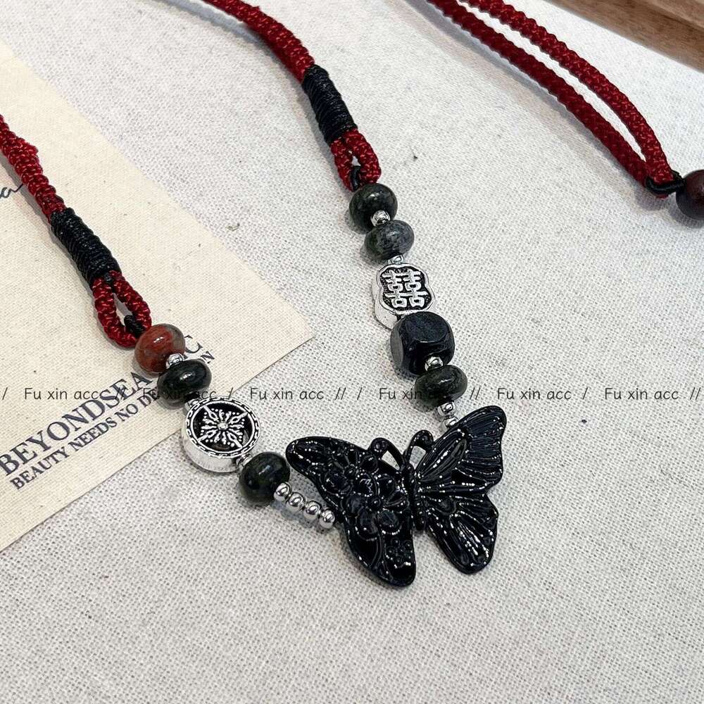 New Chinese Style Beaded Butterfly Necklace for Women, Niche High-end Feel, Double Happiness Drawstring Collarbone Chain, Light Cute Jewelry 855