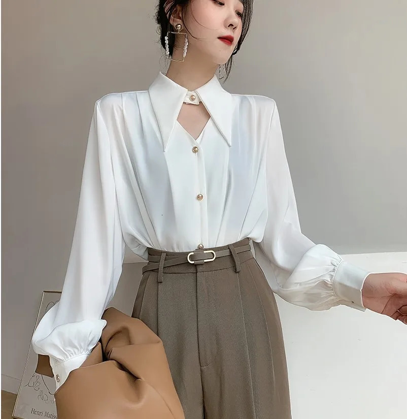 Womens Satin Shirt Spring Autumn Korean Temperament Longsleeved Buttondown Shirts Office Lady Work Wear Female Blouses Top 250724