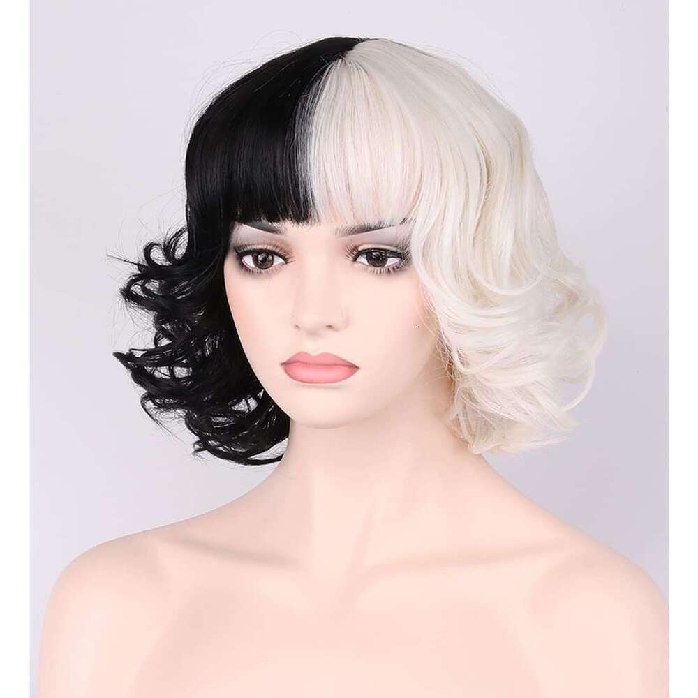 New Black and White Witch Cruella Cosplay Wig with Bangs Short Curly Hair Bulk B5