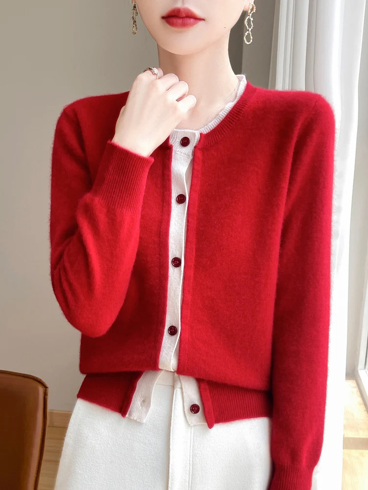 Women Wool Sweater Oneck Long Sleeve Cardigan Autumn Winter 100% Merino Knitwear Cashmere Coat Korean Clothing 250730