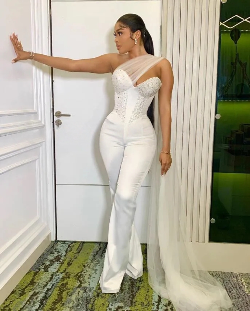 2025 Sweetheart Corset Women Jumpsuit Wedding Dresses With Tulle Ribbon Beaded Pearls Lace-up Aso Ebi Bridal Gown Outfit Pant Suit