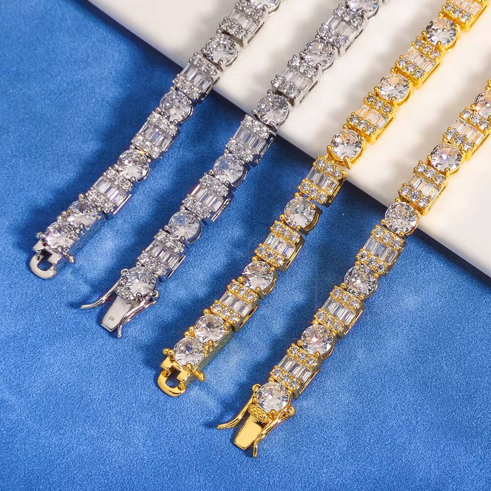 NUOYA Hip Hop Fine Jewelry 925 Silver Tennis Chain Iced Out Mixed Inlay Baguette Round VVS Moissanite Necklace for Women