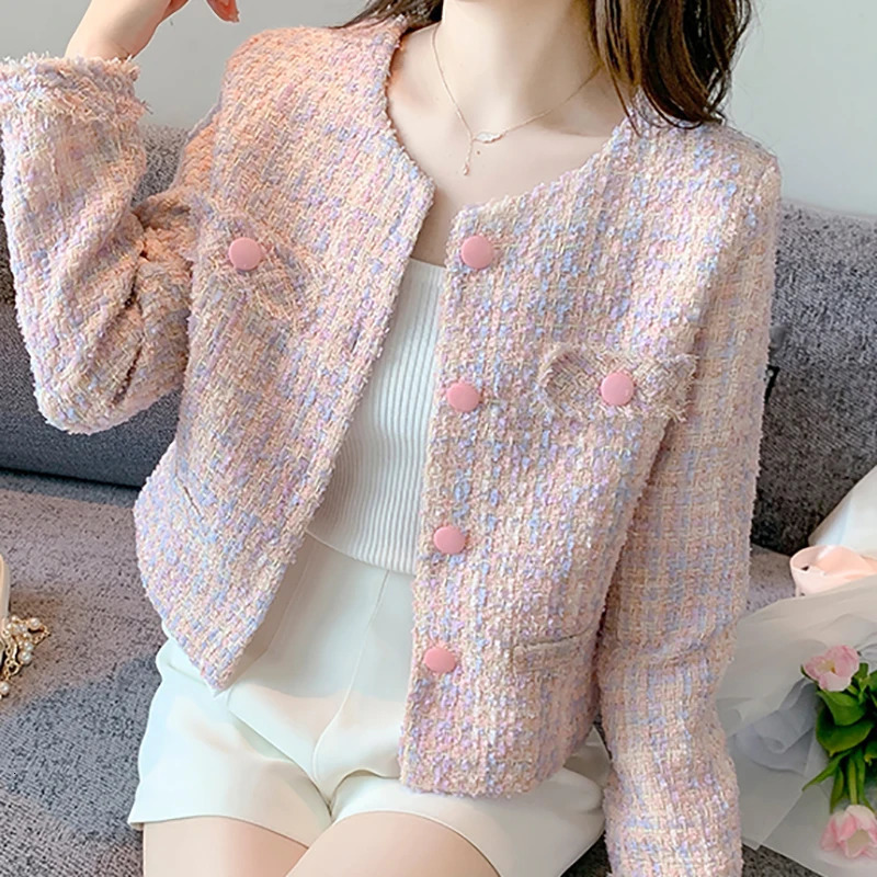 Women Pink Tweed Jacket Elegant Buttons Up Cardigan Coat Female Long Sleeve Tassel Office Outerwear Autumn Winter Chic Overcoat 250730