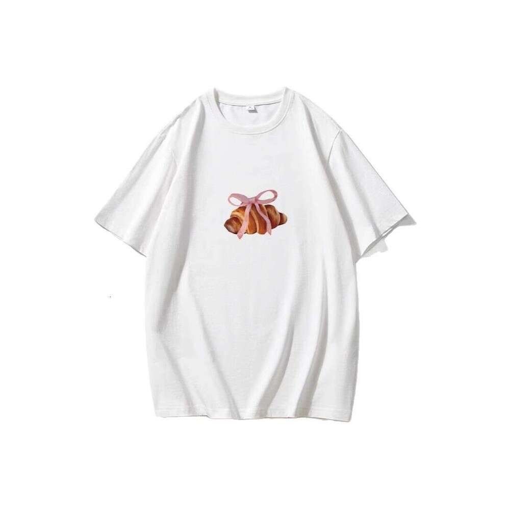 Simple Bowknot Print T-Shirt For Women Summer Versatile Loose Round Neck Pure Cotton Short Sleeve B5 h6