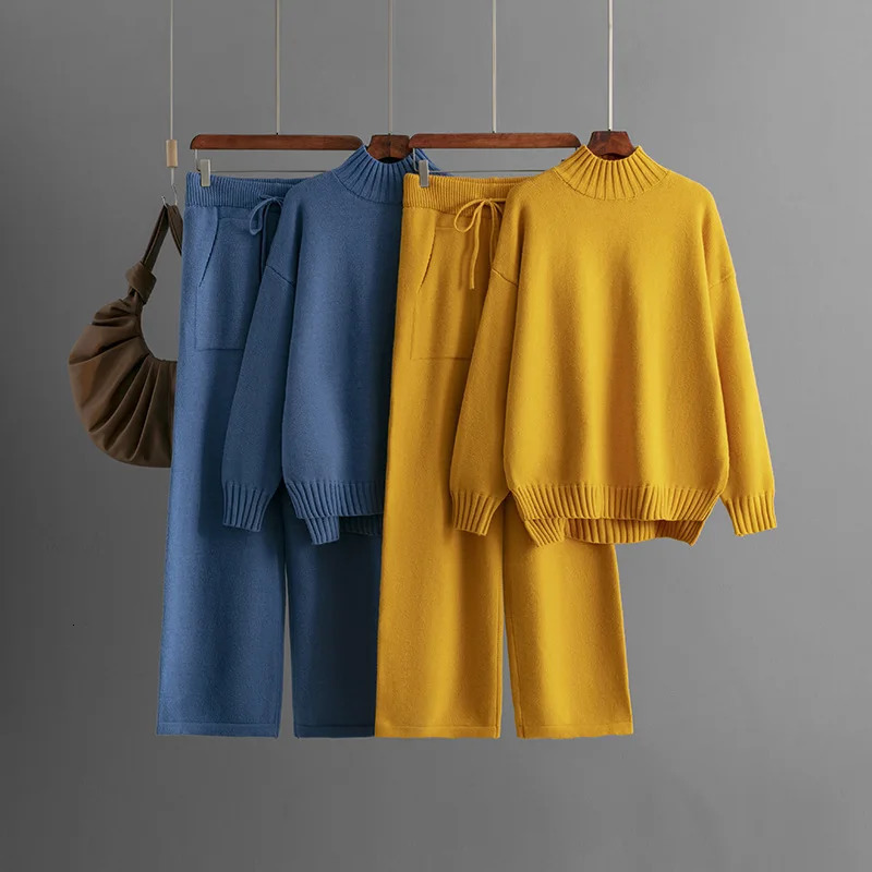 Winter Thick Knitted 2 Piece Sets Women Half Turtleneck Knitwears Sweater Pullover Tops Conjuntos High Waist Sweatpants Outfit 250730