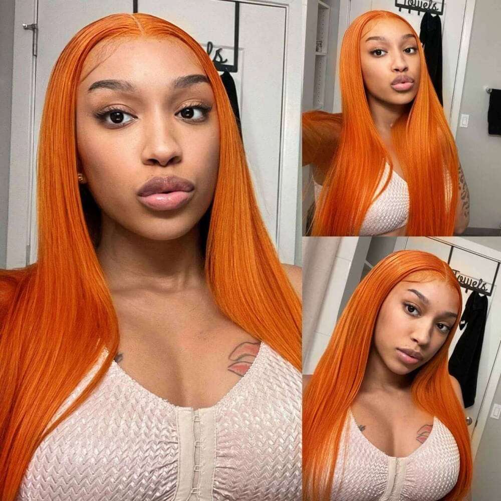 Orange Long Straight Synthetic Front Wig Glueless For Women Party Cosplay Bright Ginger Hair Lace Frontal Wigs