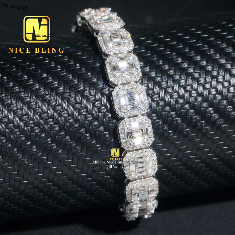 Nice Bling Jewelry Baguette Moissanite Cuban Bracelet Hip Hop Rock Moissanite Cuban Chain 925 Silver