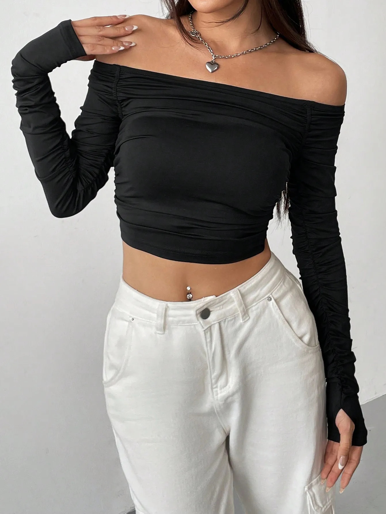 line shoulder mesh long sleeve Tshirt for women with slimfit tie sexy explosion street wear short top 250729