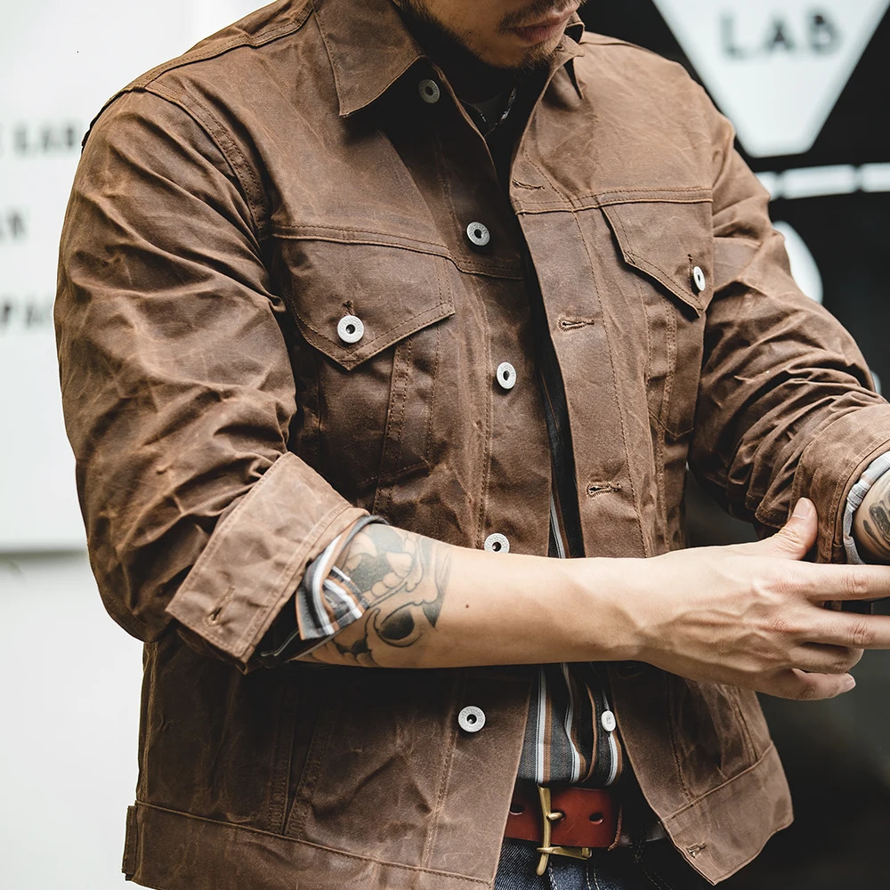 Maden Amekaji Retro Male Oil Waxed Jacket Canvas Cotton Khaki Military Uniform Light Casual Work Safari Style Coats Man Clothing 250730