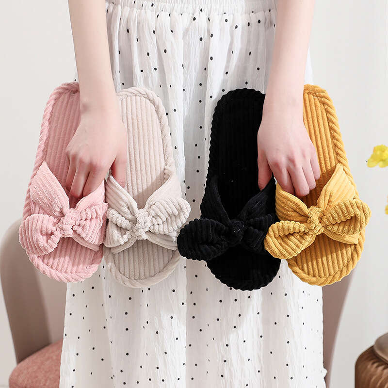 Butterfly Knot Women's Autumn Winter Indoor Outdoor Thick Sole Warm Plush Maternity Shoes One Word Open Toe Cotton Slippers