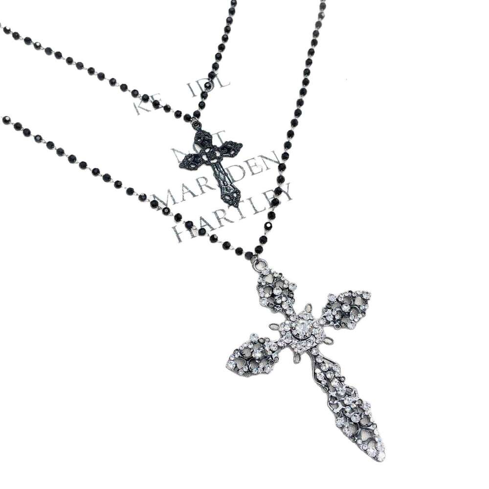 TikTok Black Beaded Double Layer Gothic Style Full Zircon Cross Necklace Spring 2025 a77