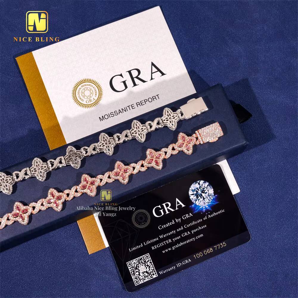 HOT SELLING 15mm Colorful Moissanite Flower Cuban Bracelet Ready Stock Hip Hop Fancy Diamond Cuban Link Chain Moissanite 925