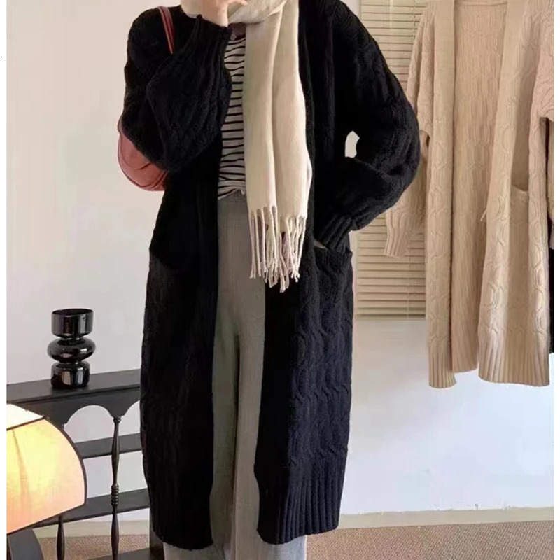 FIGOHR Womens AutumnWinter Long Cardigan Coat with Lantern Sleeves and Pockets Elegant Solid Knitted Sweater 250730