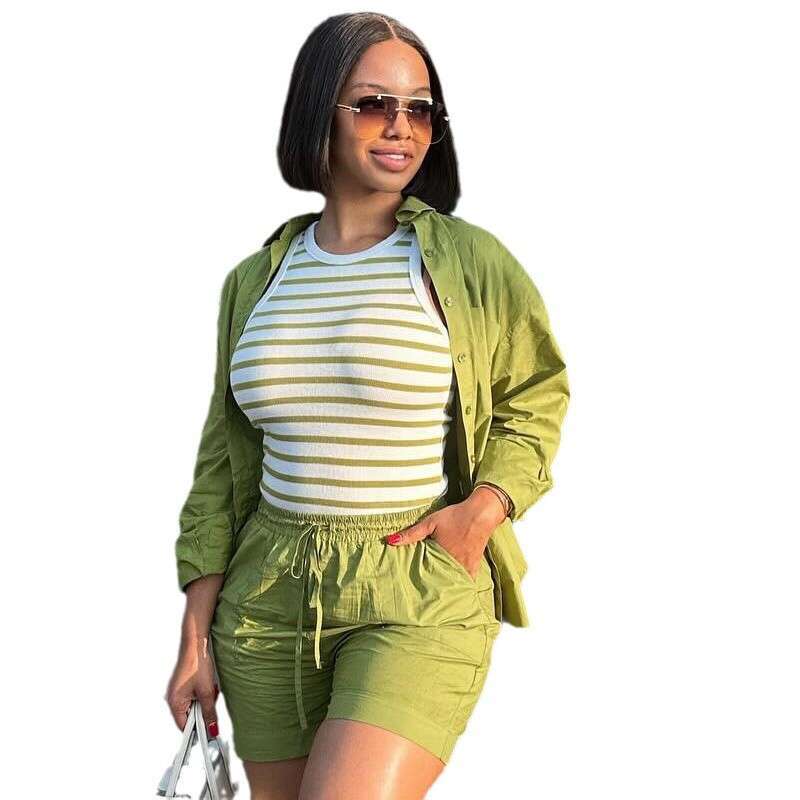 Women's Fashion Spring Summer Casual Long Sleeve Shirt And Shorts Two-Piece Set For Women B5