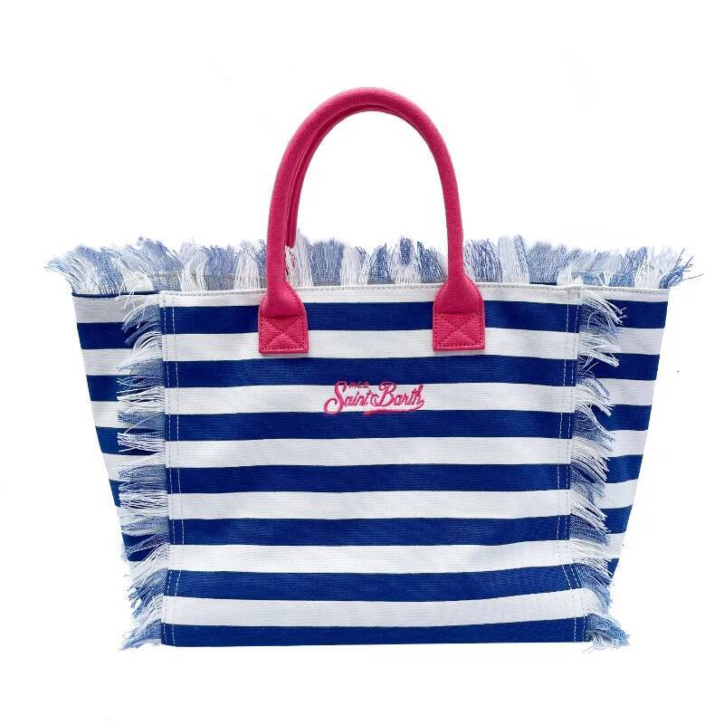 Saint Barth European And American New Women's Large Capacity Fashion Horizontal Striped Deep Blue Tassel Beach Handbag