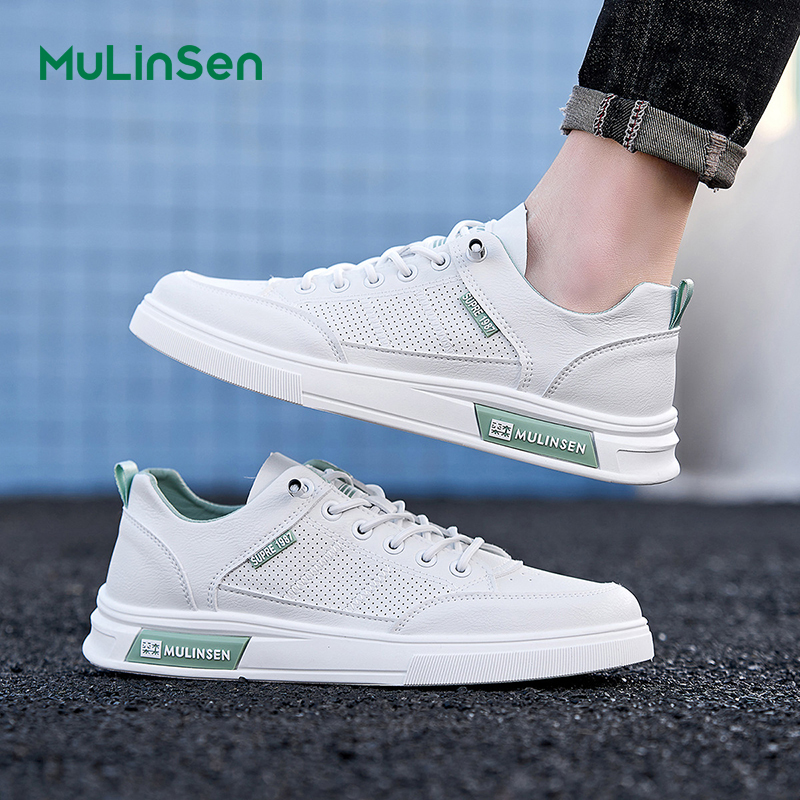 Mulinsen men's shoes spring and summer 2025 all-match youth breathable sports punched casual sneakers flat bottom non-slip wear-resistant white s