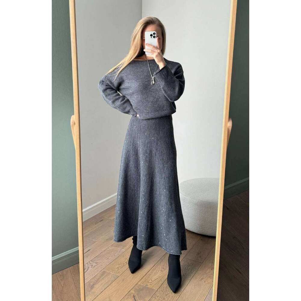 New Lazy Style Loose Top + Mermaid Skirt For Women Round Neck Knitted Sequin Set Shiny B5