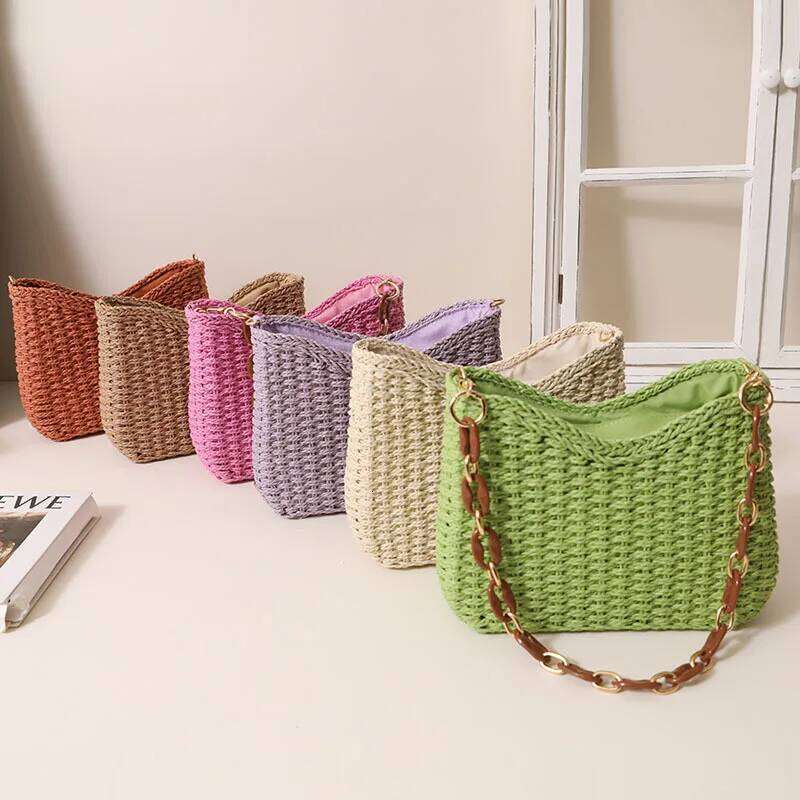 Luxury designer summer fashion hand-woven chain tote bag straw large capacity leisure beach raffia bag vinegar ladies shoulder help