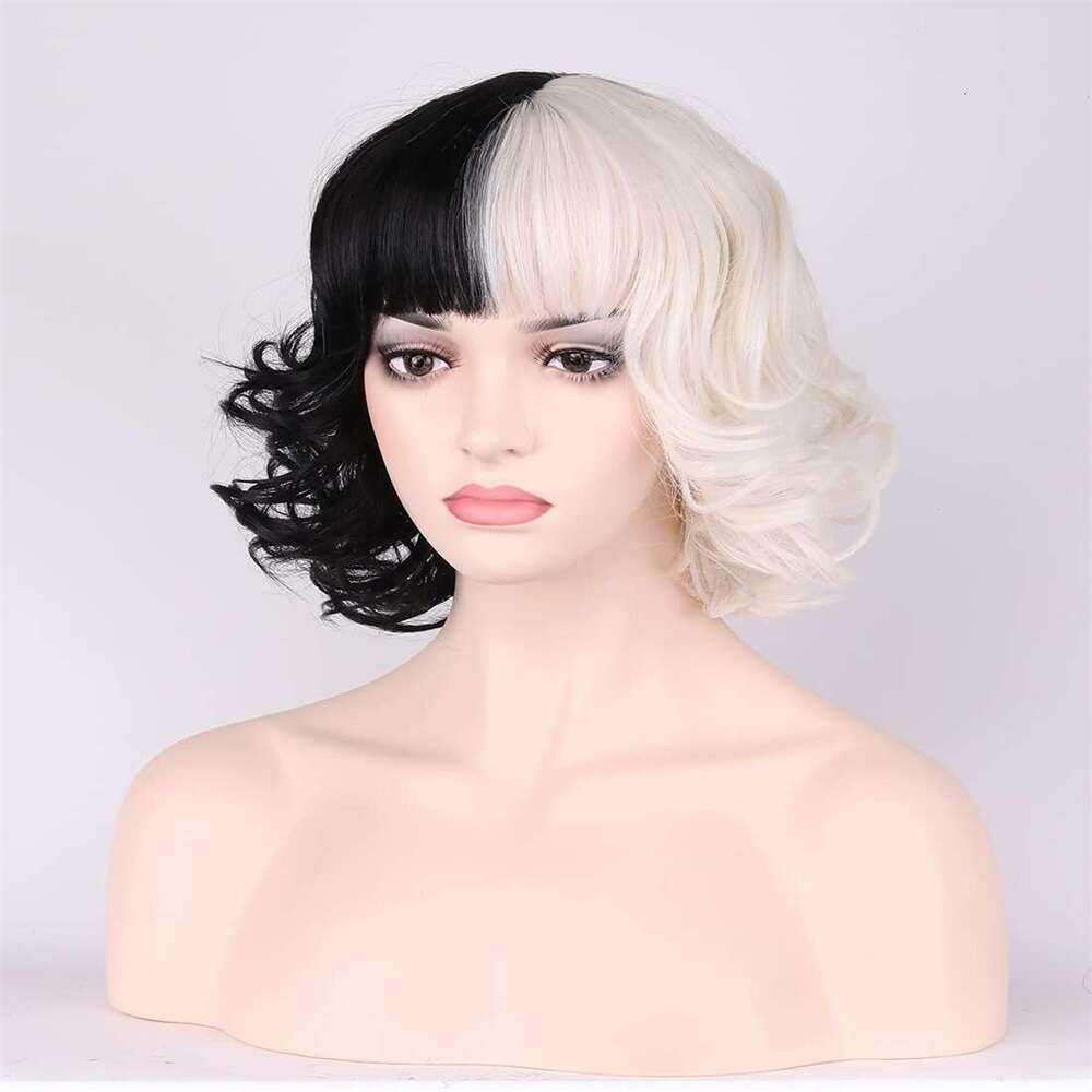 New Black and White Witch Cruella Cosplay Wig with Bangs Short Curly Hair Bulk B5