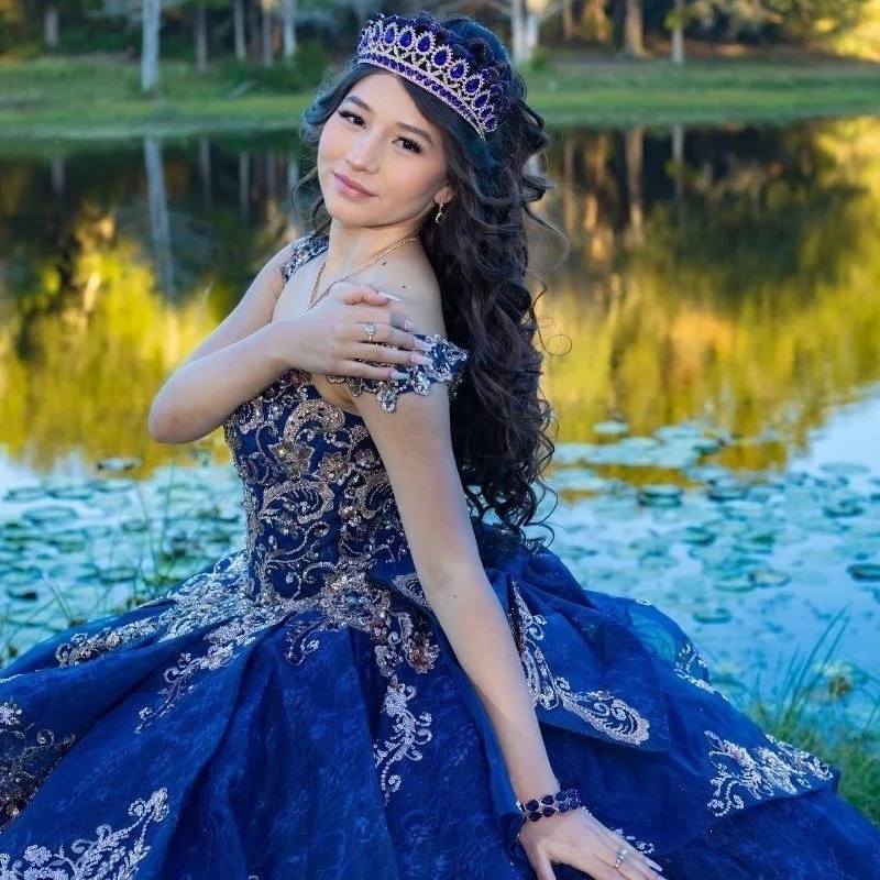 Royal Blue Shiny Off the Shoulder Quinceanera Dresses Ball Gown Applique Lace Beads Tull Princess Sweet 16 Dress Vestidos De 15 Anos